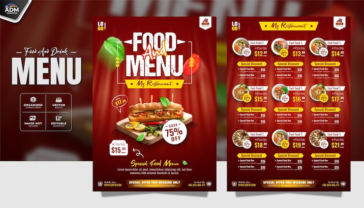 Vector plantilla de diseño de menú de restaurantes especiales de comida rápida y bebidas