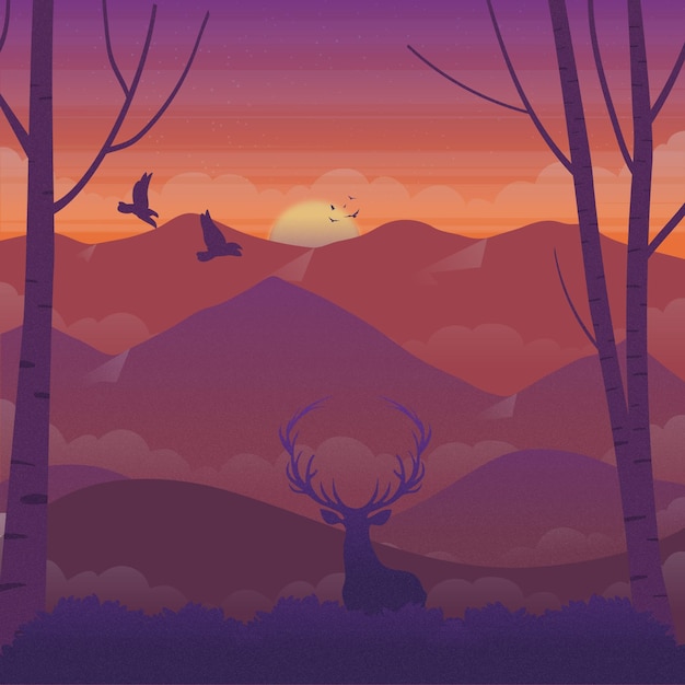 Vector la puesta de sol en el bosque
