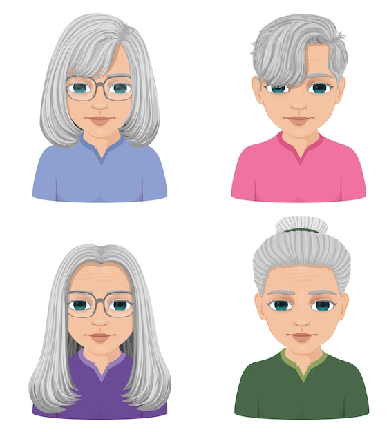 Vector serie de retratos de una mujer mayor con canas