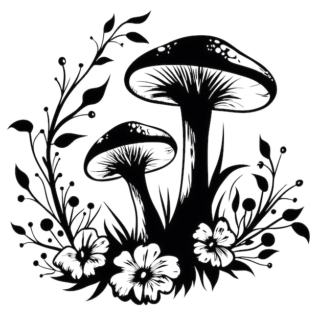 Setas con flores silvestres Ilustración en blanco y negro