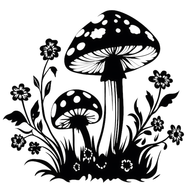Setas con flores silvestres Ilustración en blanco y negro