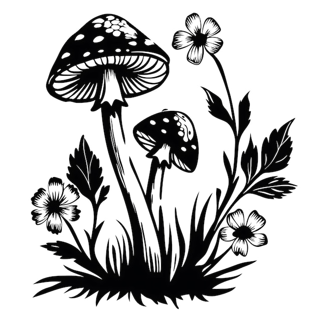 Setas con flores silvestres Ilustración en blanco y negro
