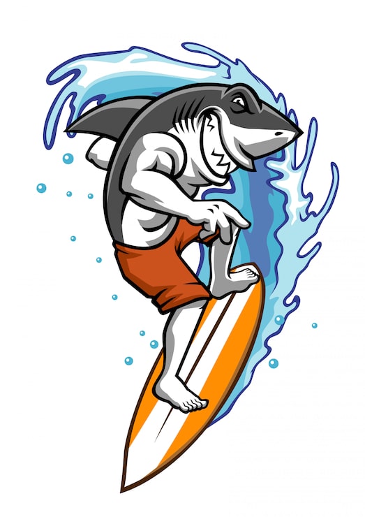 Vector tiburón disfrutando jugando surf en el agua