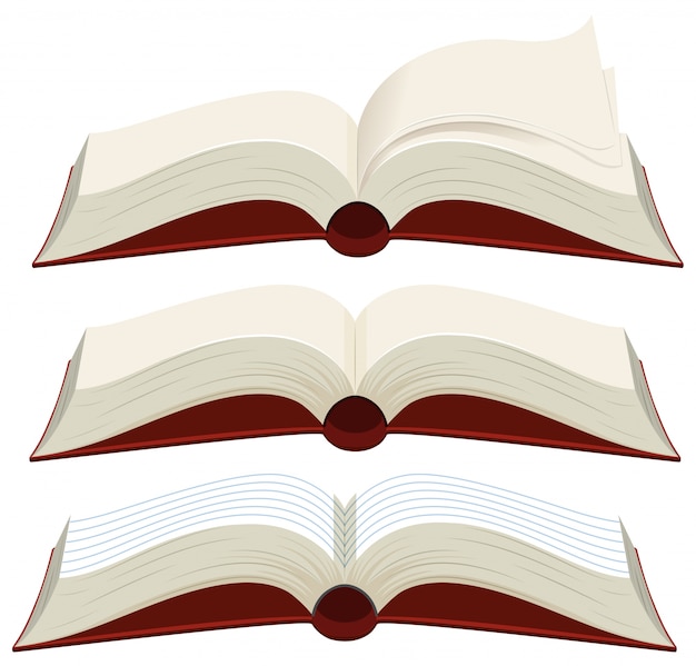 Vector tres libros en blanco con tapas rojas