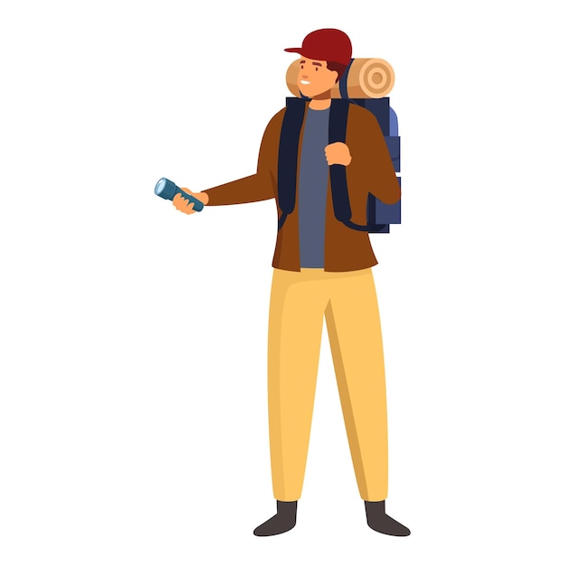 Vector un turista sonriente con una linterna y explorando un nuevo lugar