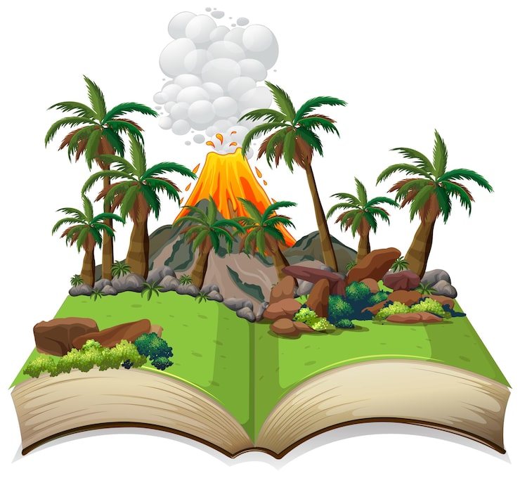 Vector Gratis buku terbuka dengan lanskap prasejarah
