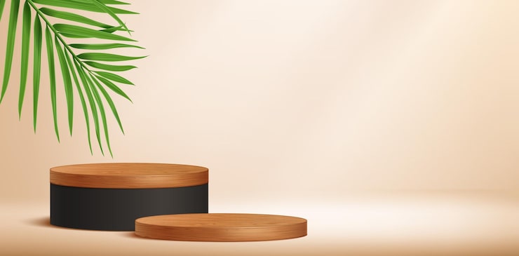 Vector Gratis daun palem di bawah podium mewah kayu