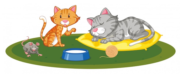 Vector Gratis dua kucing dan satu tikus bermain