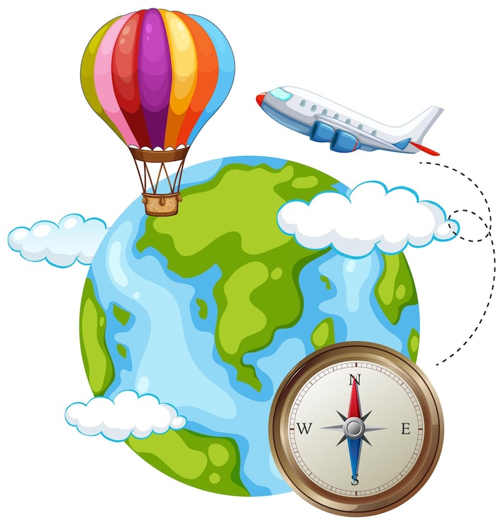 Vector Gratis globe dengan ilustrasi balon udara, pesawat, dan kompas