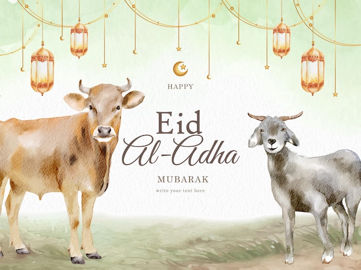 Vector Gratis kartu ucapan idul adha dengan ilustrasi kambing dan sapi lukisan hewan kurban