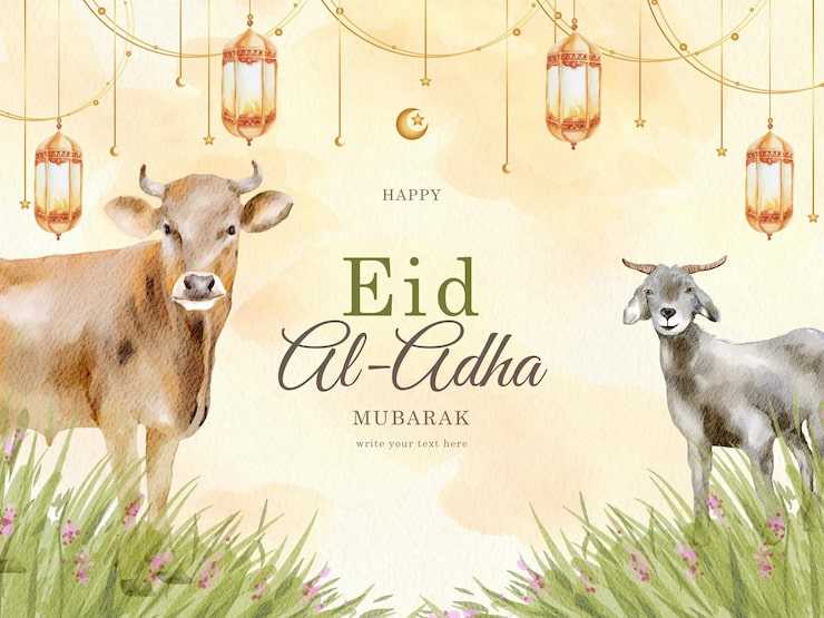 Vector Gratis kartu ucapan selamat hari raya idul adha dengan kurban hewan di latar belakang savana