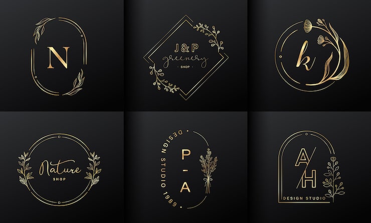 Vector Gratis koleksi desain logo mewah. lambang emas dengan inisial dan dekorasi bunga untuk logo merek, identitas perusahaan, dan desain monogram pernikahan.