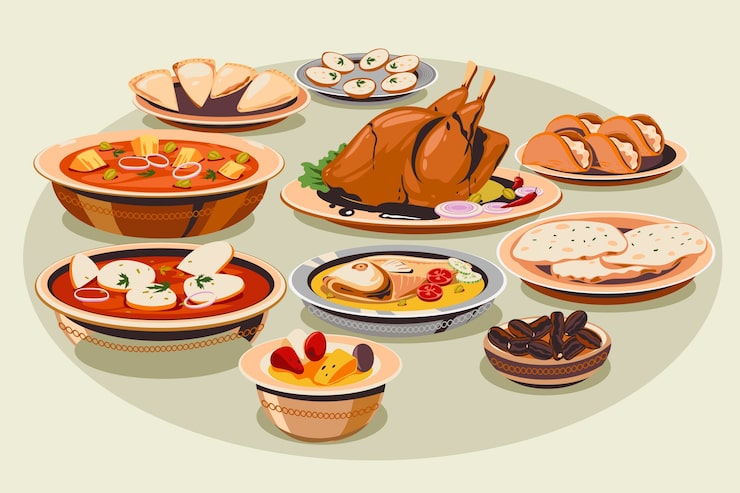 Vector Gratis koleksi elemen makanan iftar digambar tangan