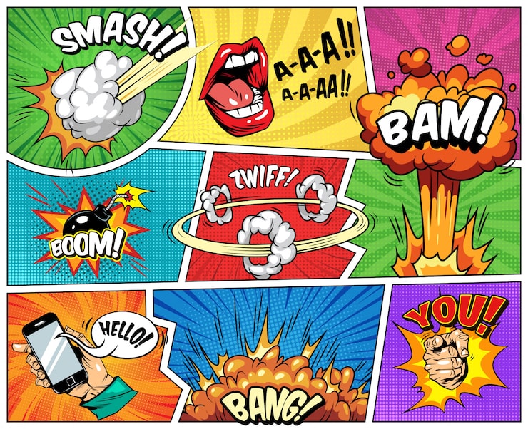 Vector Gratis komposisi cerah komik dengan sinar halftone eksplosif