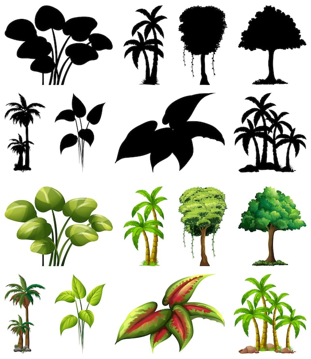Vector Gratis kumpulan tanaman dan pohon dengan siluetnya