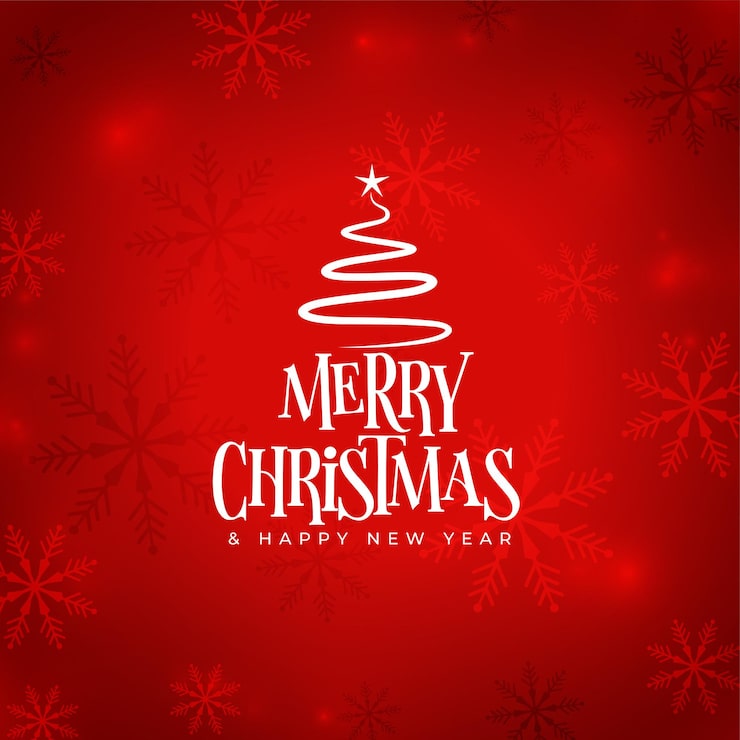 Vector Gratis latar belakang kepingan salju merah natal yang meriah dengan pohon natal yang digambar tangan