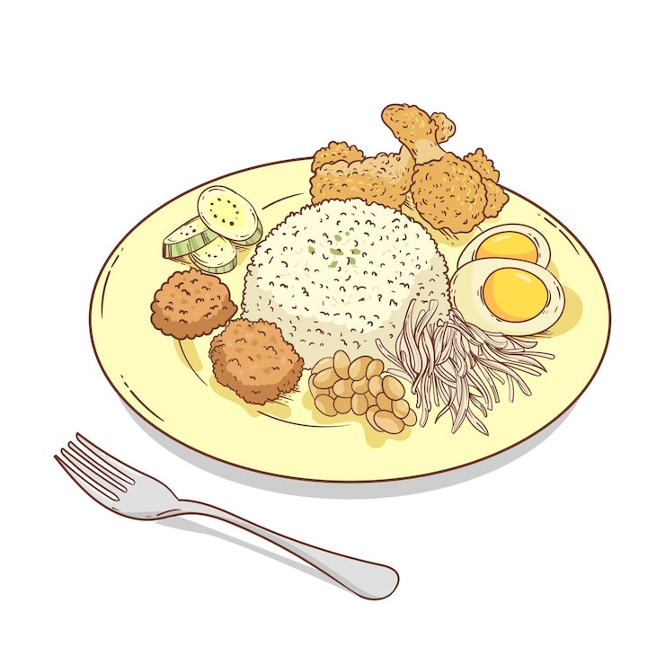 Vector Gratis nasi lemak yang digambar tangan di atas piring