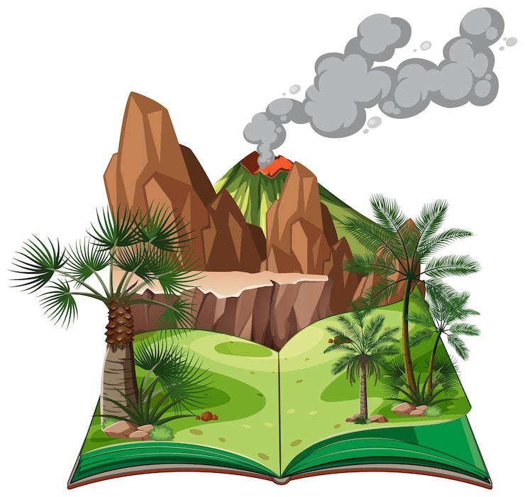 Vector Gratis pemandangan dengan gunung berapi di hutan