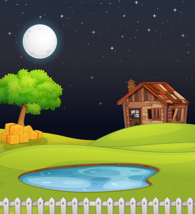 Vector Gratis pemandangan pertanian dengan lumbung dan rawa di malam hari