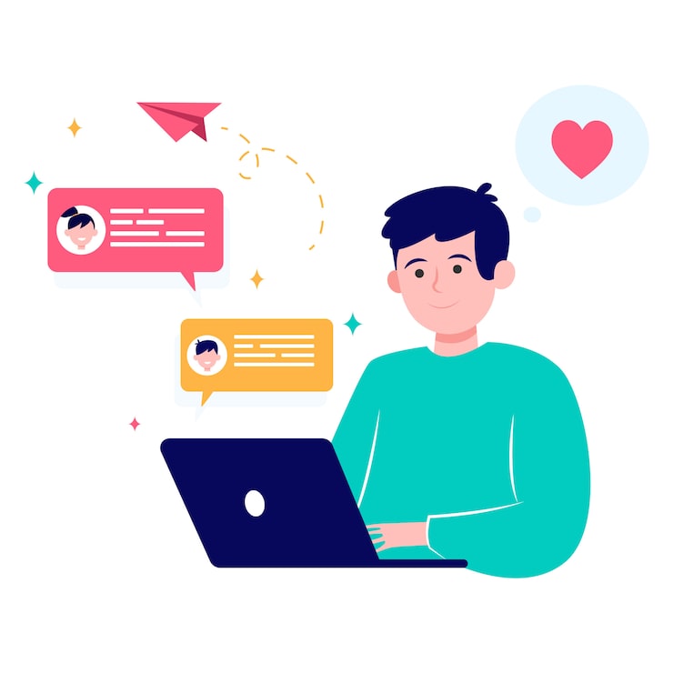 Vector Gratis pria bahagia berkencan online melalui laptop