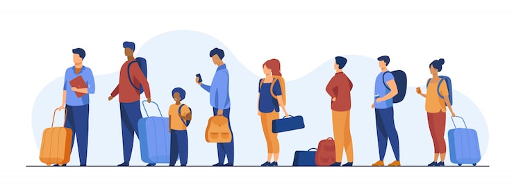 Vector Gratis sekelompok turis dengan barang bawaan berdiri dalam antrean