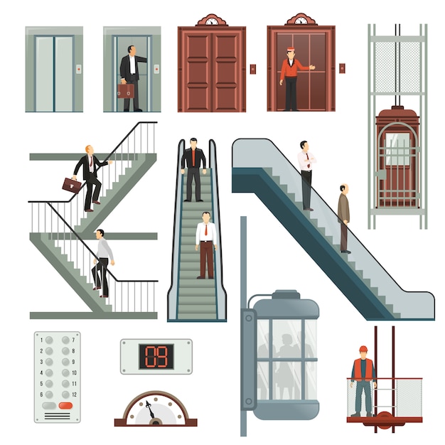 Vector Gratis set elevator dan tangga