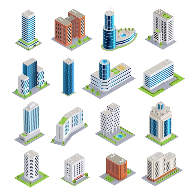 Vector Gratis set isometrik bangunan