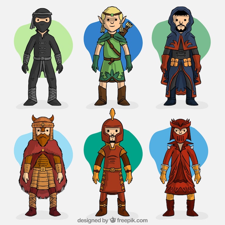 Vector Gratis set karakter permainan peran yang digambar tangan