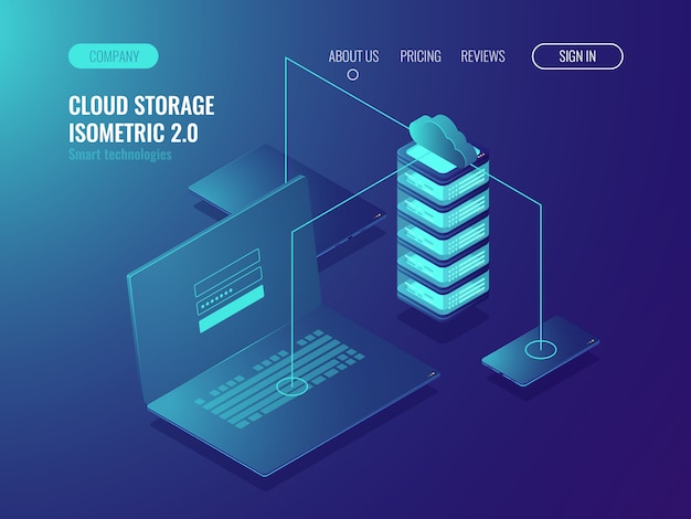 Vector Gratis solusi web hosting, penyimpanan data server cloud, transfer data dan transmisi data