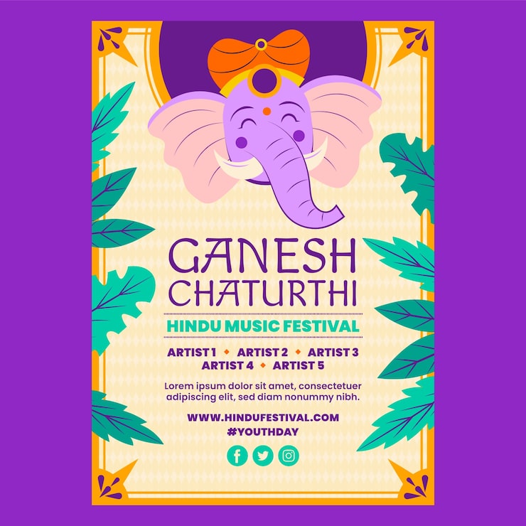 Vector Gratis templat poster vertikal ganesh chaturthi datar dengan gajah
