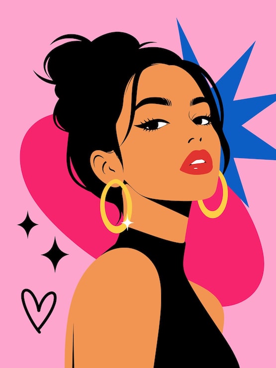 Vector ilustrasi wanita dengan gaya rambut sanggul dan anting lingkaran