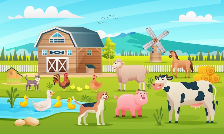 Vector satu set hewan ternak di ilustrasi kartun latar belakang pertanian