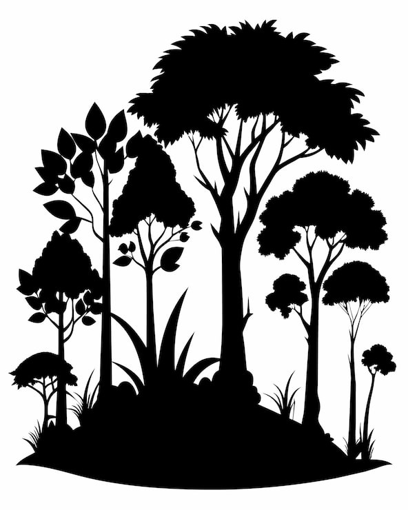 Vector siluet hitam pepohonan dan rumput