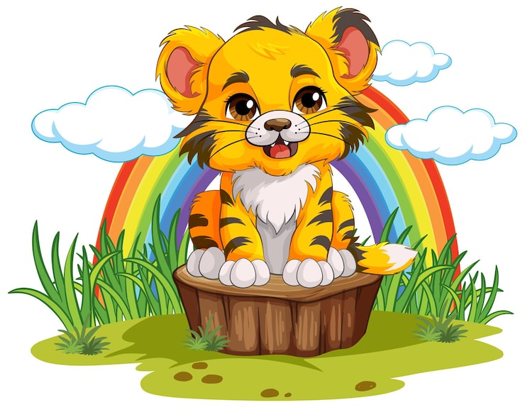 Kostenlose Vektor baby-tiger in sitzender pose mit regenbogenhintergrund