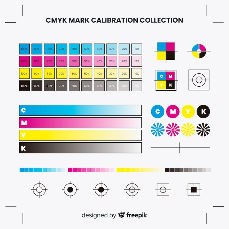 Kostenlose Vektor cmyk-kalibrierungselement-sammlung