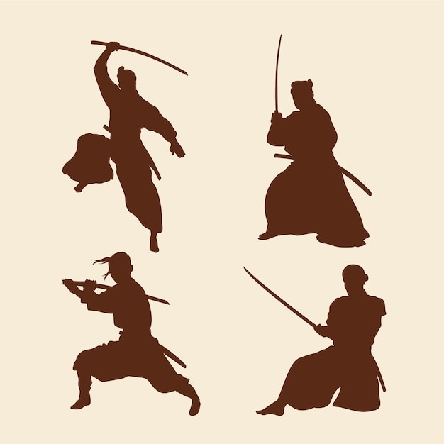 Kostenlose Vektor handgezeichnetes samurai-silhouette-set