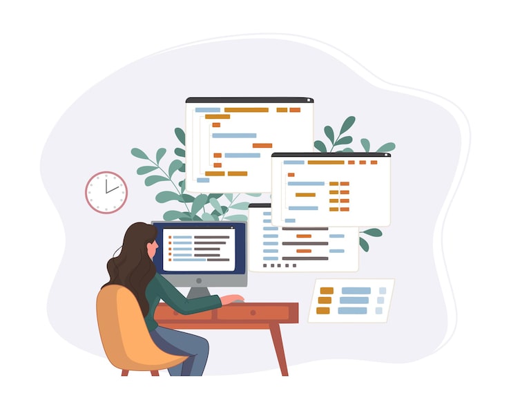 Kostenlose Vektor programmierer, der an webentwicklungscode arbeitet. ingenieurprogrammierung in python, php und java-skript auf dem computer.