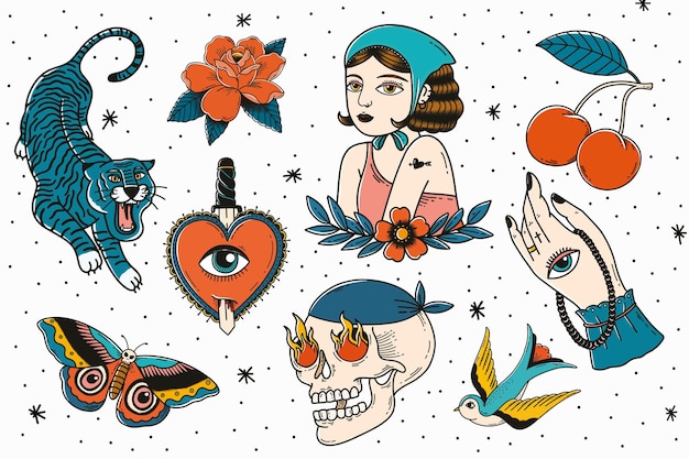 Kostenlose Vektor retro-tattoo-design-kollektion