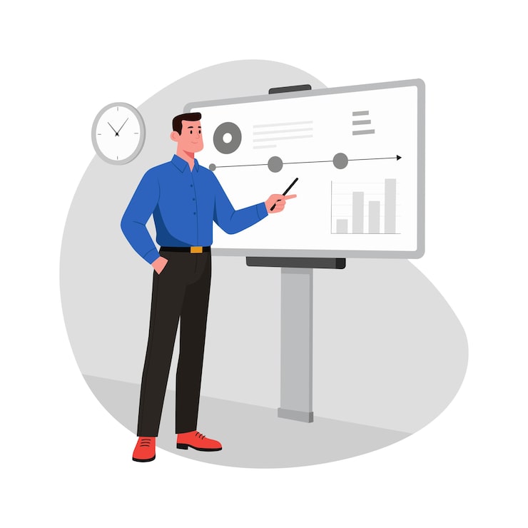 Vektor manager analysiert bericht auf präsentationstafel illustration