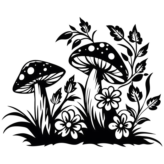 Pilze mit Wildblumen in Schwarz-Weiß