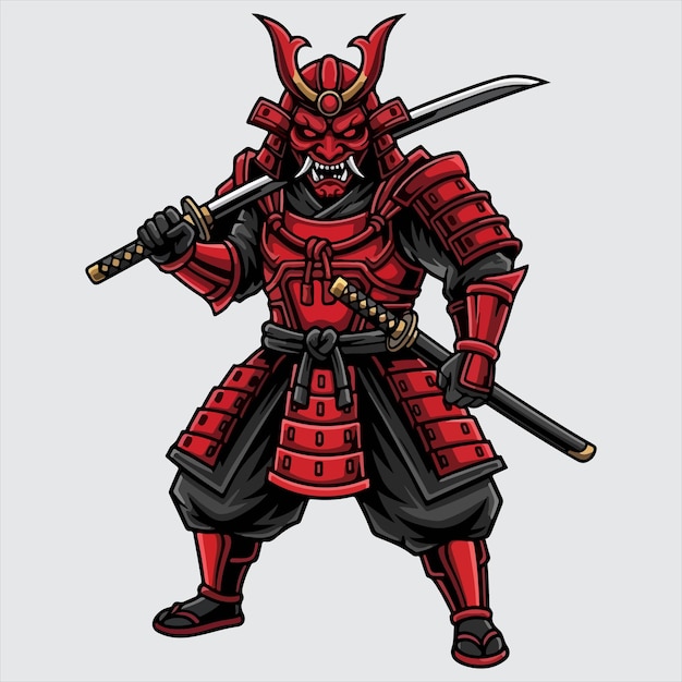 Vektor roter samurai-krieger mit katana-schwertern