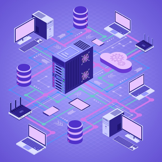 Vektor izometrická technologie cloud computingu datové sítě