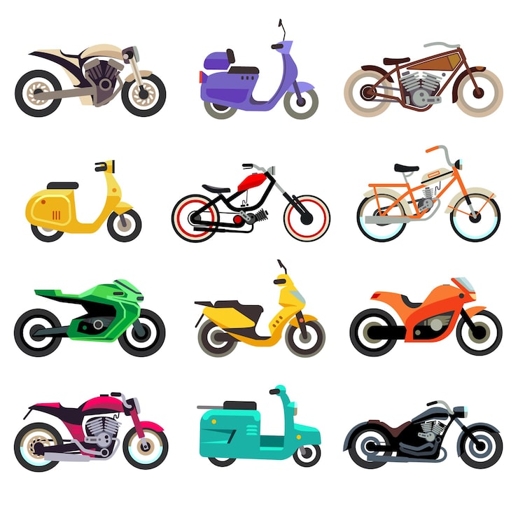 Zdarma Vektor modely motocyklů, skútrů a mopedů v plochém stylu.