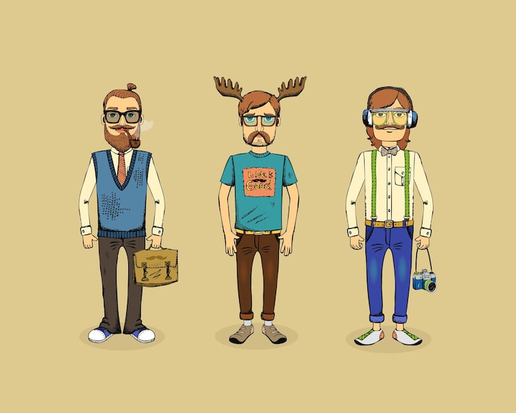 Zdarma Vektor tři hipster muži s dýmkou, rohy a kamerou