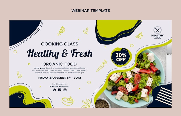 Zdarma Vektor webinář o zdravém a čerstvém jídle v plochém designu