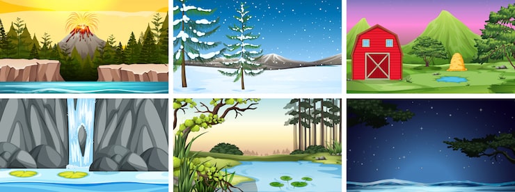 Vetor grátis conjunto de cenas ou plano de fundo na natureza