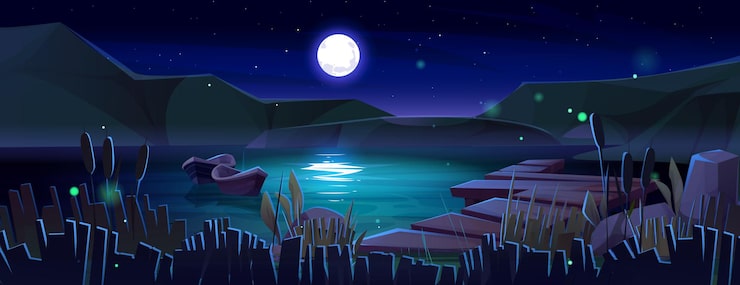 Vetor grátis escena noturna do lago do cais com barcos