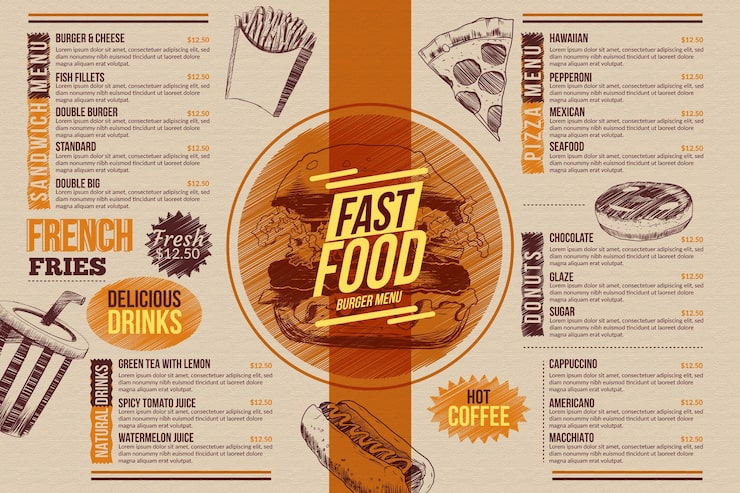 Vetor grátis modelo de menu de comida para uso digital ilustrado