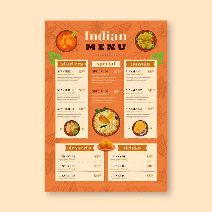 Vetor grátis modelo de menu de restaurante com comida tradicional indiana