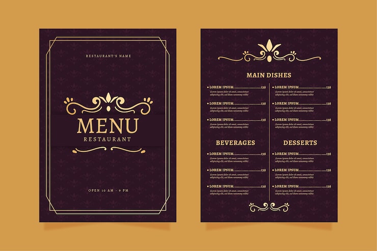 Vetor grátis modelo de menu de restaurante dourado com violeta